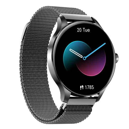 Smartwatch with a metallic mesh band on a white background