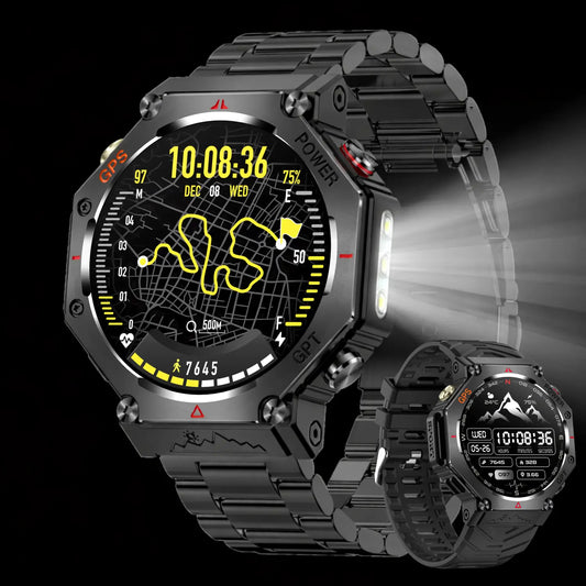 smartwatch with steel strap for men with flashlight