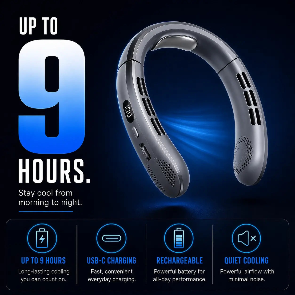 portable bladeless neck fan with adjustable cooling speeds