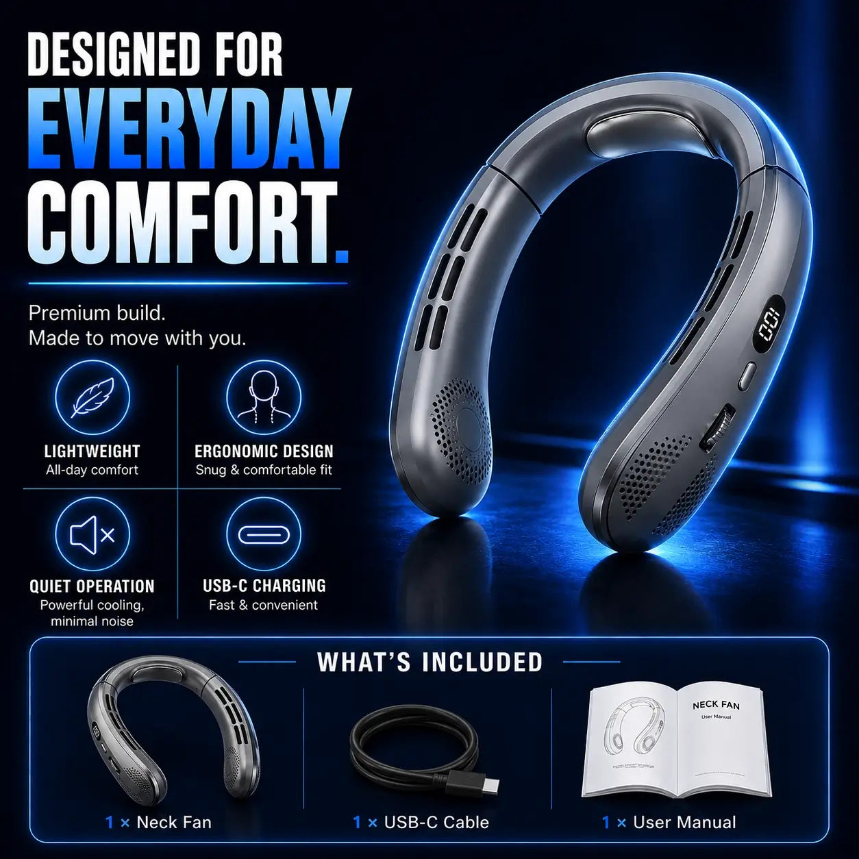 rechargeable bladeless cooling neck fan with quiet airflow